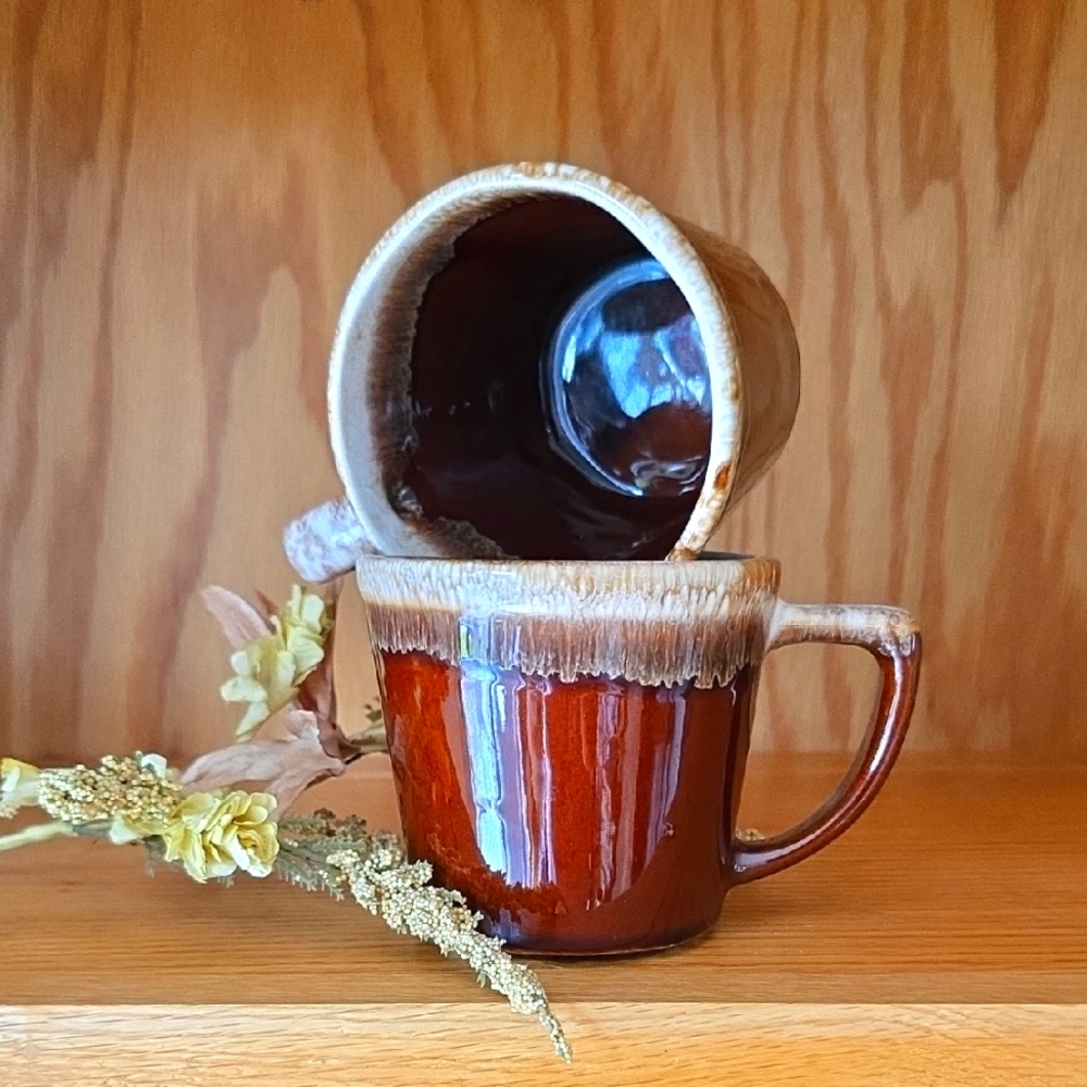 McCoy Vintage Brown Drip Glaze Mug D Handle Set of 2 Made in USA Cottagecore 60s